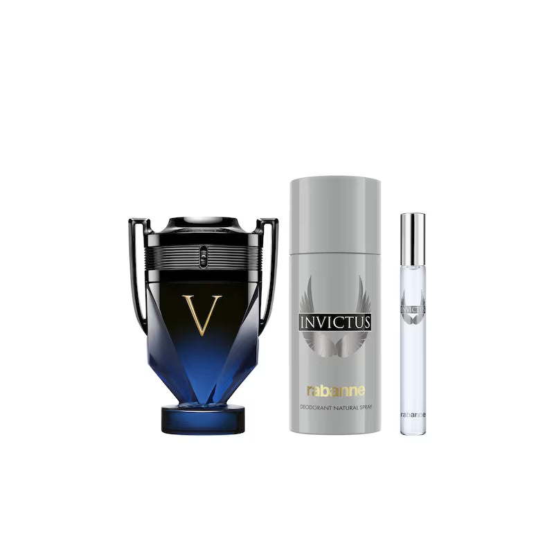Set Rabanne Invictus Victory Elixir Parfum – Cofre de Lujo 3 Piezas (Perfume 100ml + Desodorante + Spray de Viaje)