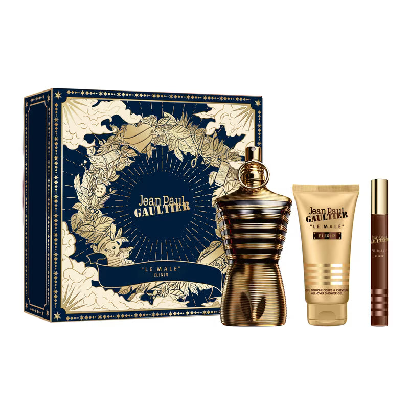 Set Jean Paul Gaultier Le Male Elixir Parfum – Cofre de Lujo 3 Piezas (Perfume Torso Dorado + Gel de Ducha + Spray de Viaje)