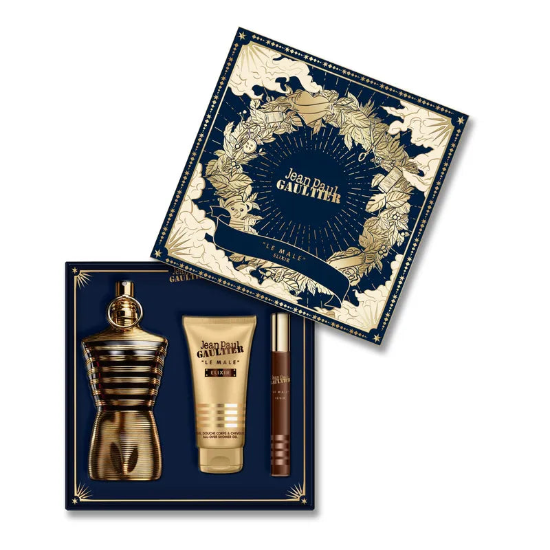 Set Jean Paul Gaultier Le Male Elixir Parfum – Cofre de Lujo 3 Piezas (Perfume Torso Dorado + Gel de Ducha + Spray de Viaje)