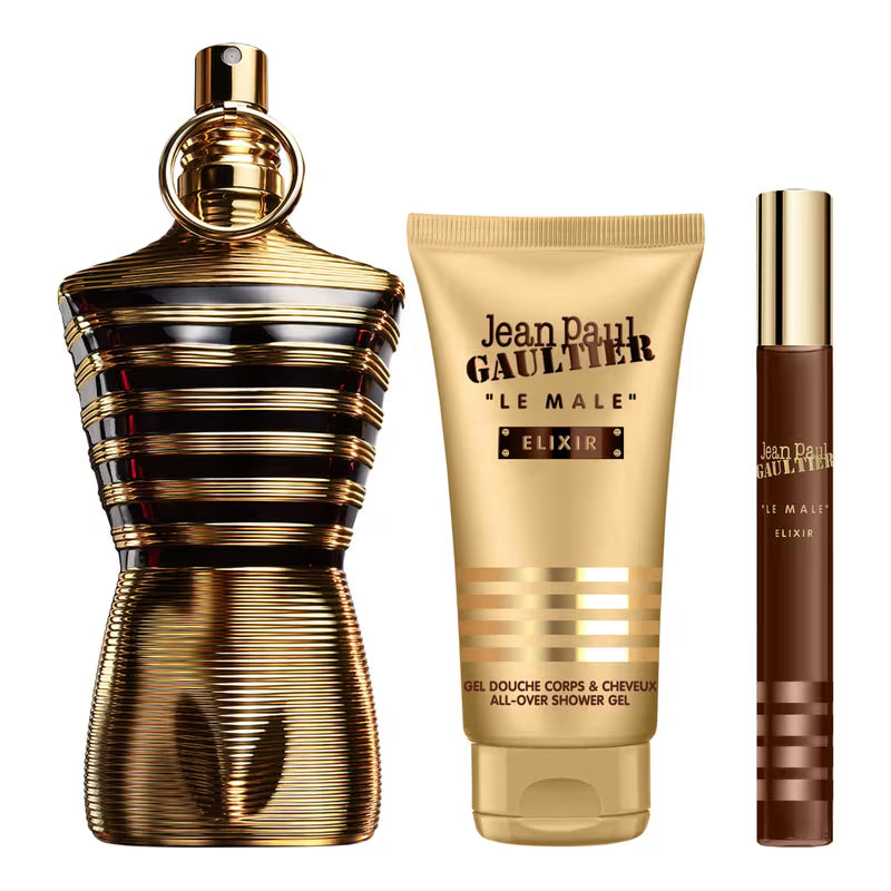 Set Jean Paul Gaultier Le Male Elixir Parfum – Cofre de Lujo 3 Piezas (Perfume Torso Dorado + Gel de Ducha + Spray de Viaje)
