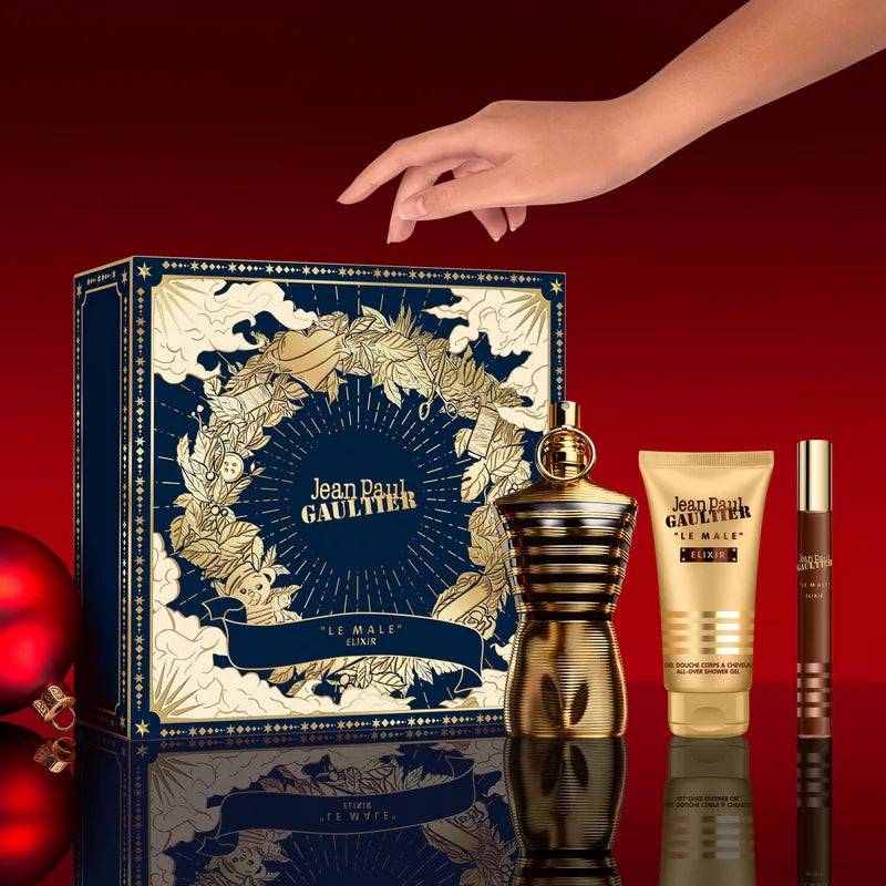 Set Jean Paul Gaultier Le Male Elixir Parfum – Cofre de Lujo 3 Piezas (Perfume Torso Dorado + Gel de Ducha + Spray de Viaje)