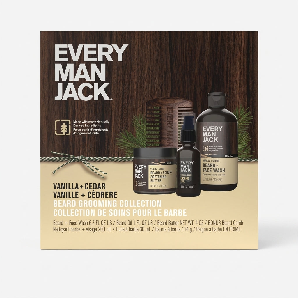 Every Man Jack - Kit Premium de Cuidado para Barba y Rostro: Vainilla y Cedro (Set de 4 Productos Clave + Peine)