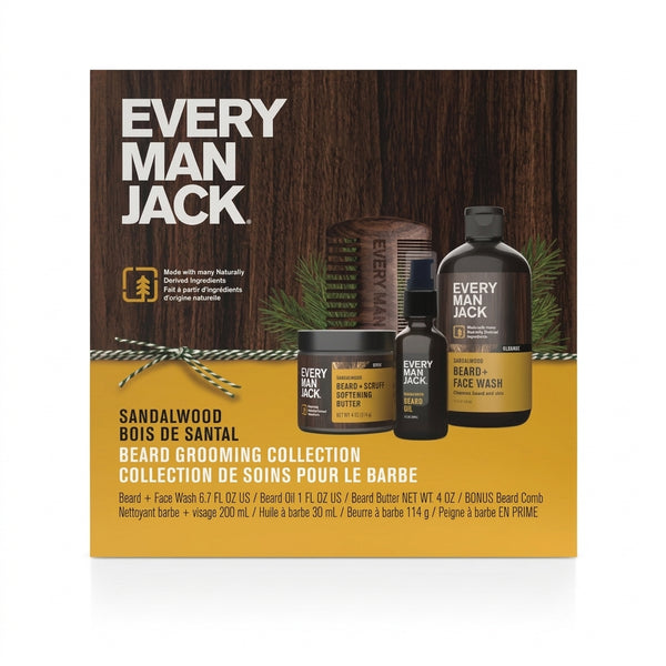 Kit de Cuidado de Barba Every Man Jack Sándalo (Sandalwood) - Set Completo de 4 Productos con Peine Gratis