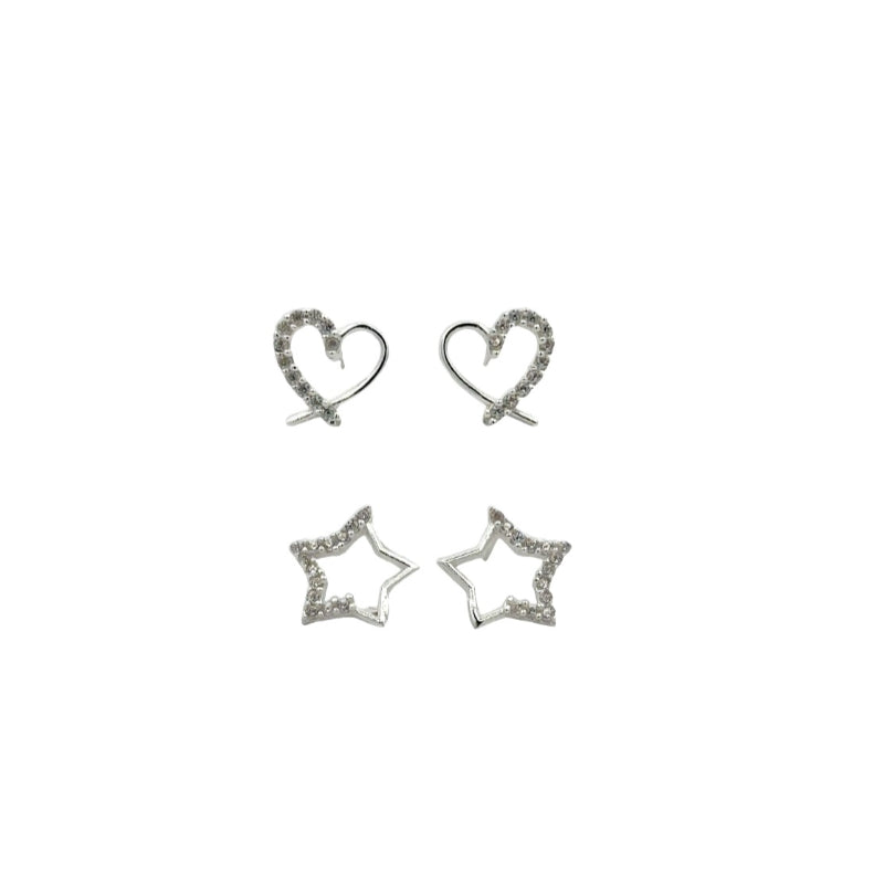 Set de Aros Corazón y Estrella Circonita Plata Esterlina Silver Worx