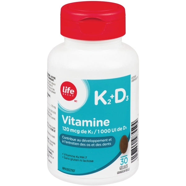 Vitamina K2 120 mcg y Vitamina D3 1000 UI Life Brand