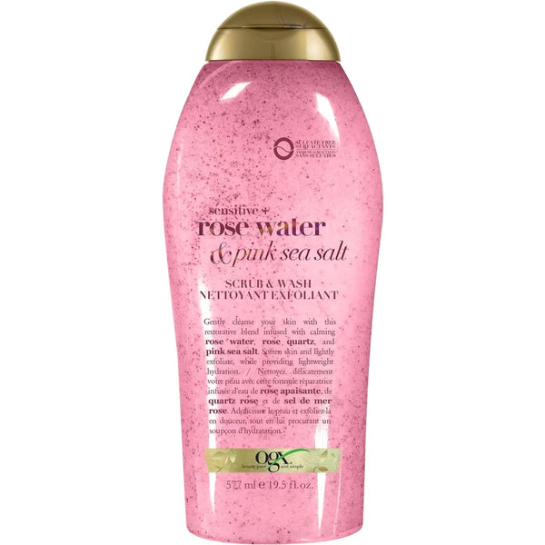 Limpiador Exfoliante Suave y Calmante de Agua de Rosas y Sal Marina Rosada OGX