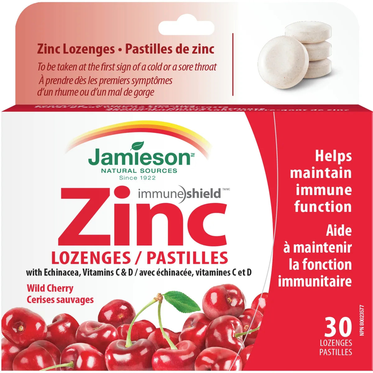 Pastillas de Zinc con Equinácea Vitaminas C y D Cereza Jamieson