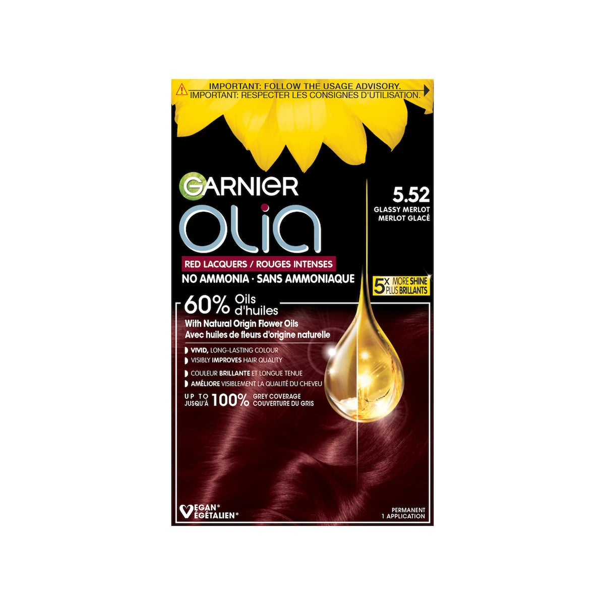 Tintura Coloración Permanente sin Amoníaco Olia 5.52 Merlot Garnier