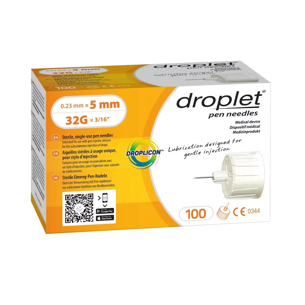Agujas para Lápiz 32G x 5 mm Naranjas 100 unidades Droplet