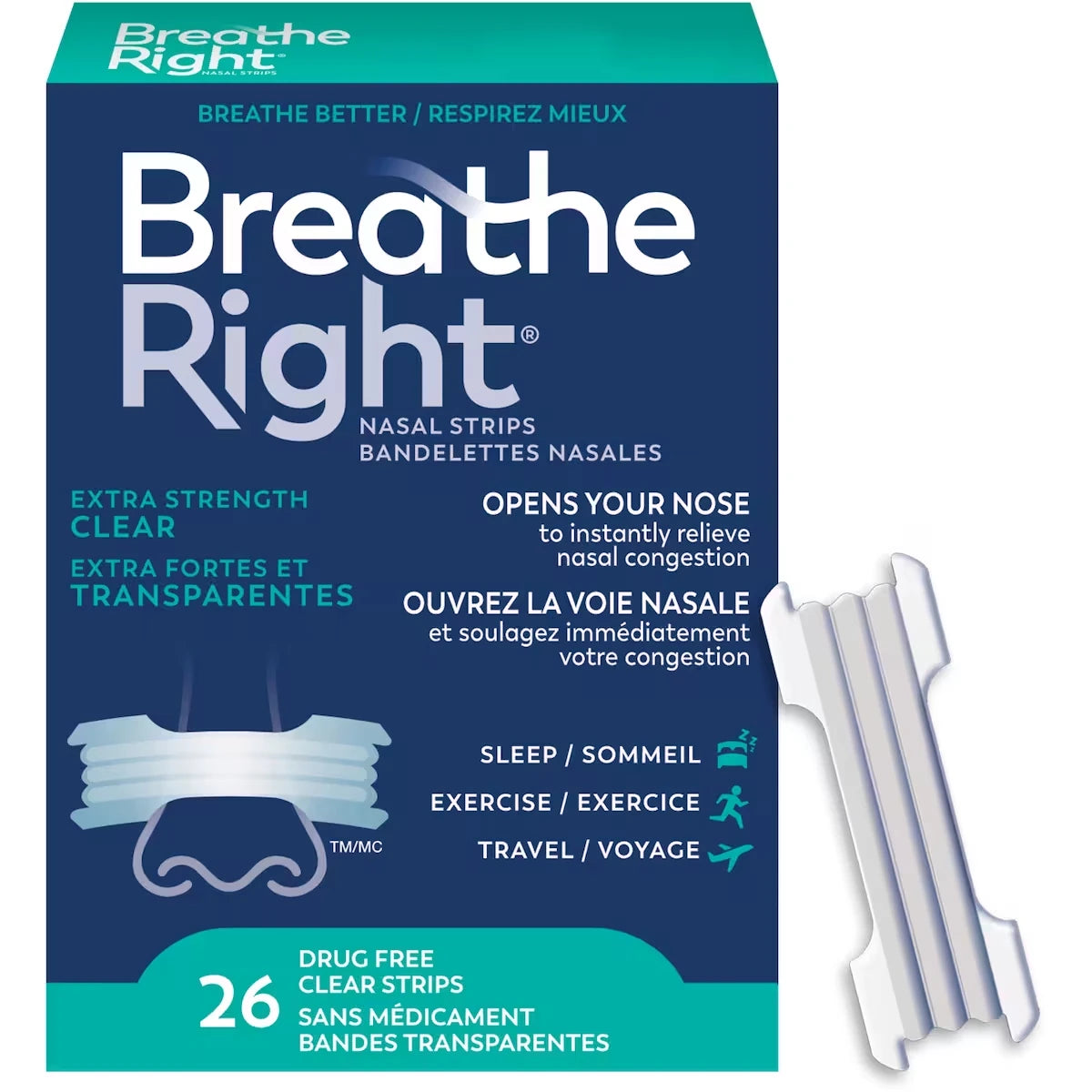 Tiras Nasales Extra Transparentes 26 Unidades Breathe Right