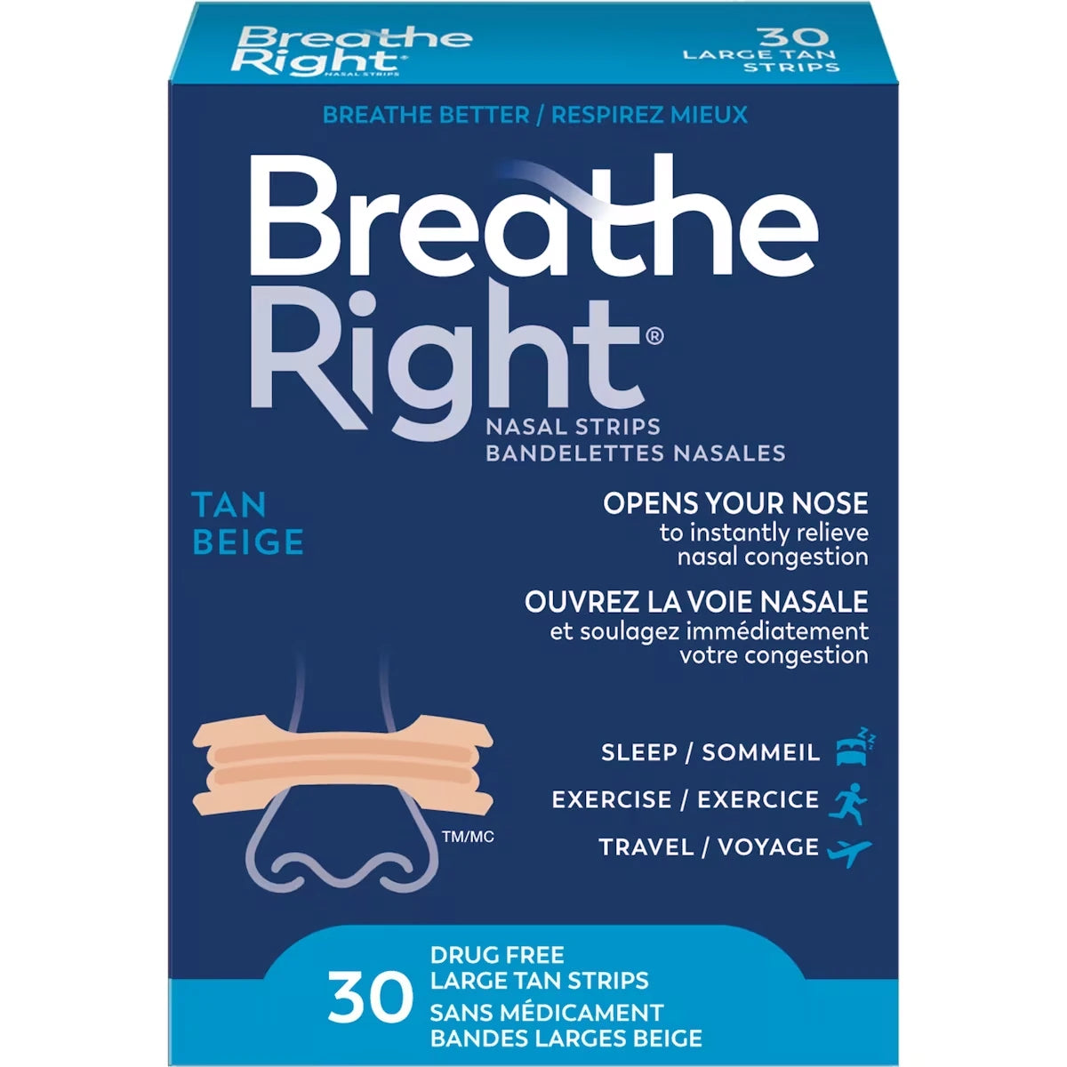 Tiras Nasales Grandes Beige 30 unidades Breathe Right