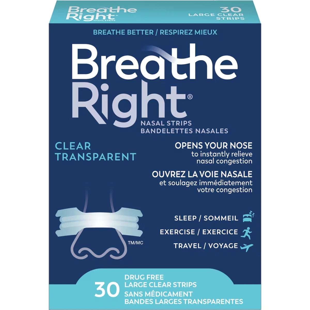 Tiras Nasales Grandes Transparentes 30 unidades Breathe Right