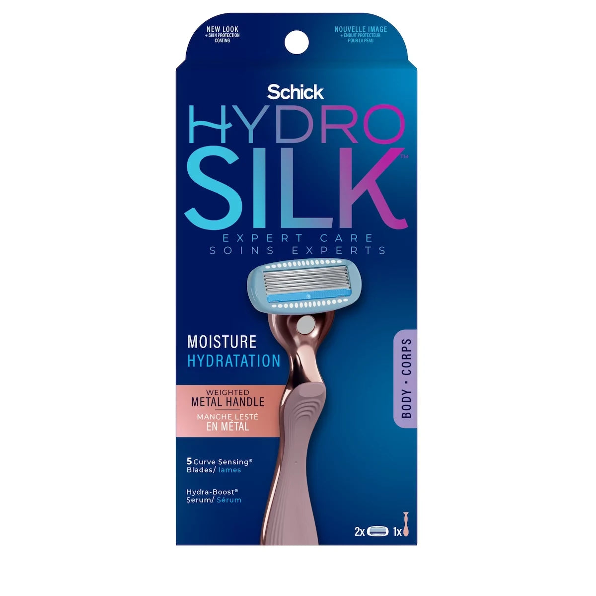 Afeitadora Mujer Hydro Silk Mango Metálico y 2 Repuestos Schick